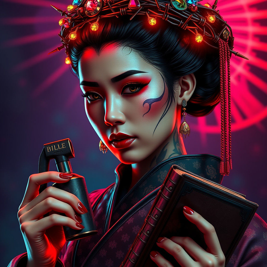 Monochrome Geisha with Neon Accents in Sci-Fi Style