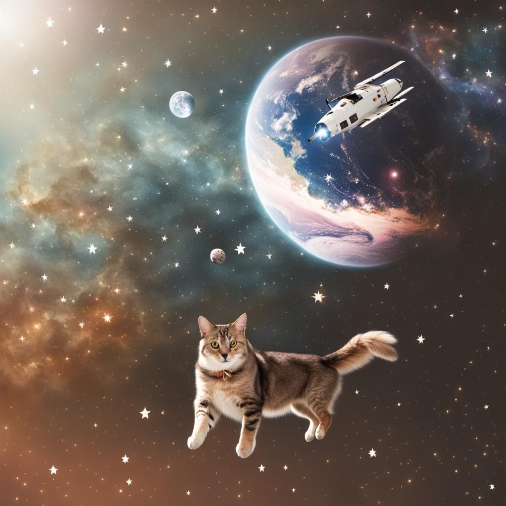 Dog and Cat Floating in Space