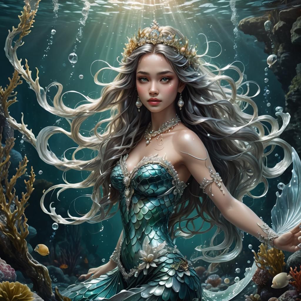Young Mermaid Adorned with Pearls and Seaweed