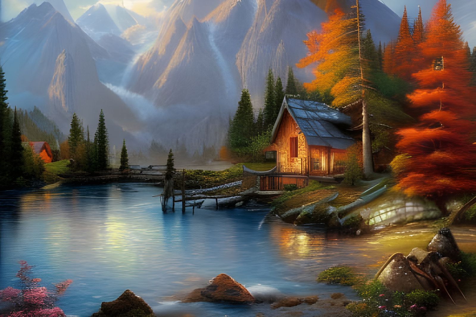 Relaxing Landscape of Mountain River With Cozy Log Cabin at ...