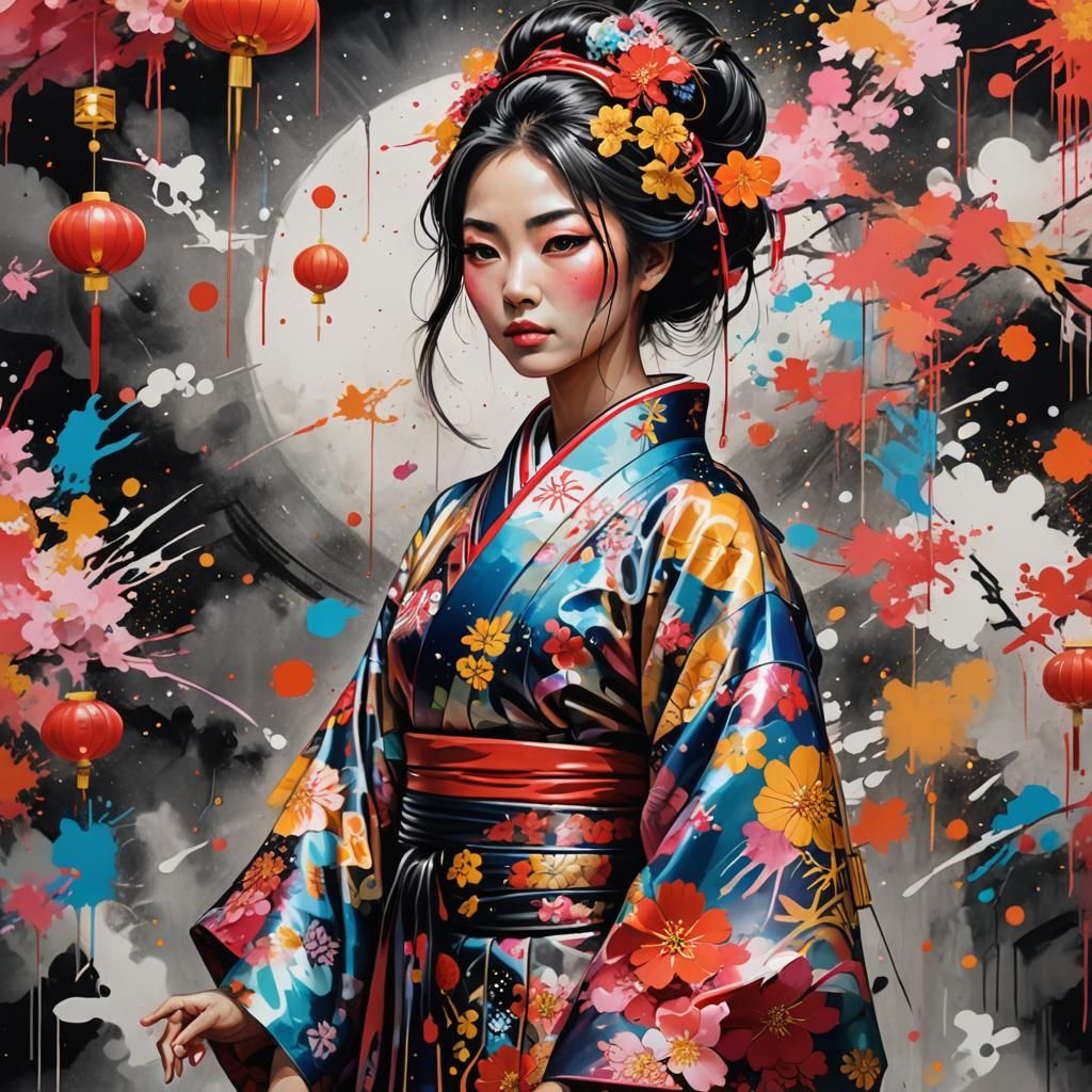 Kimono Woman at Lunar New Year Festival in Graffiti Art Styl...