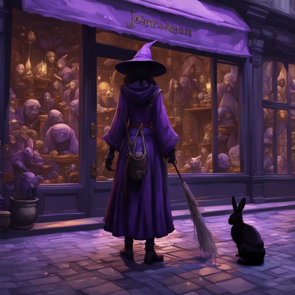 Purple witch and her familiar the black rabbit doing some wi...