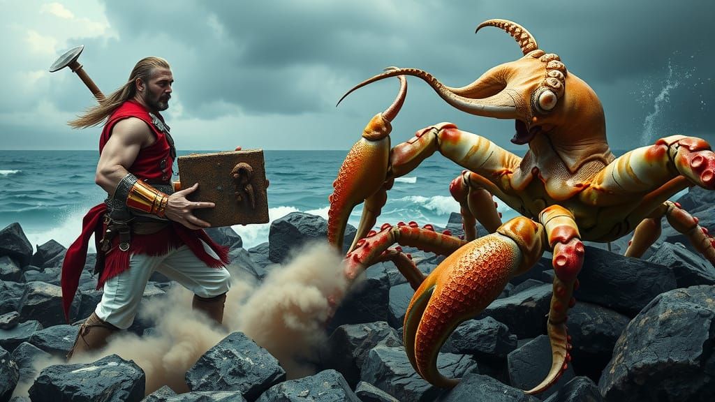 Hyperrealistic Warrior Witnesses Epic Sea Battle