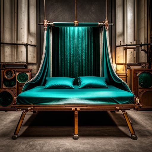 Steampunk Cyberpunk Self-Making Bed with Copper and Emeralds