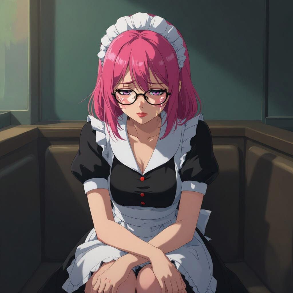 Sorrowful Maid with Pink Hair in Anime Style