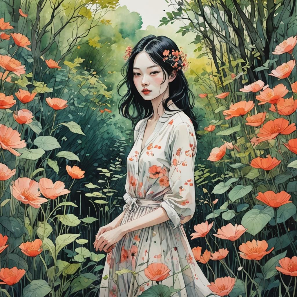 Hyperrealistic Watercolor of Beautiful Woman in Expressionis...