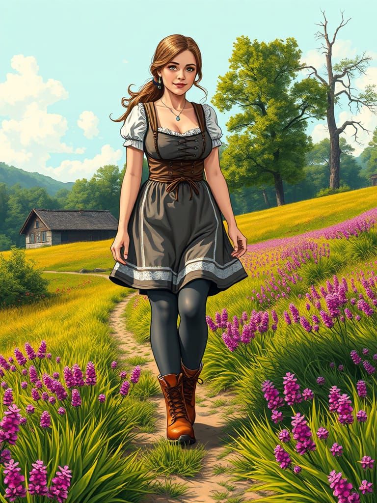 Beautiful German Lady Walks Through Lüneburger Heide in Comi...