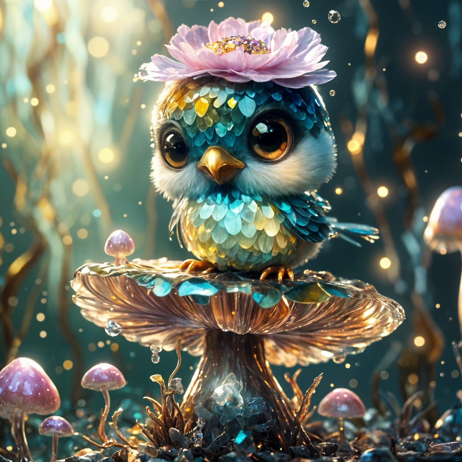 Cute Bird on Crystal Mushroom with Peony