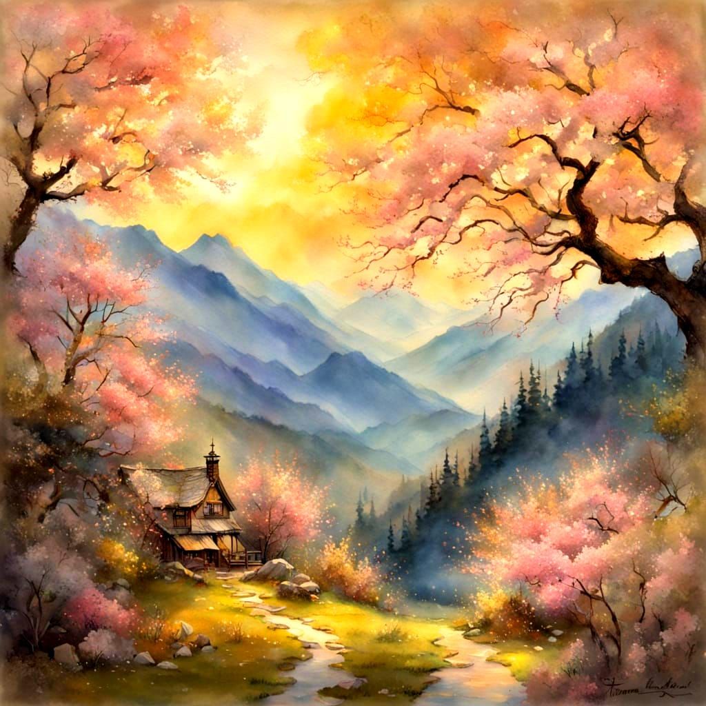 Whimsical Mountain Scene in Pastel Hues