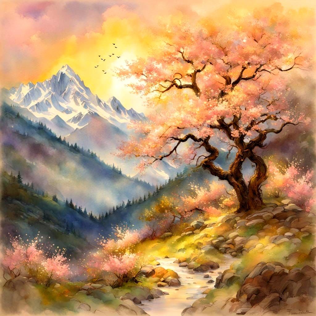 Twisted Cherry Blossom Tree in Dreamy Pastel Hues