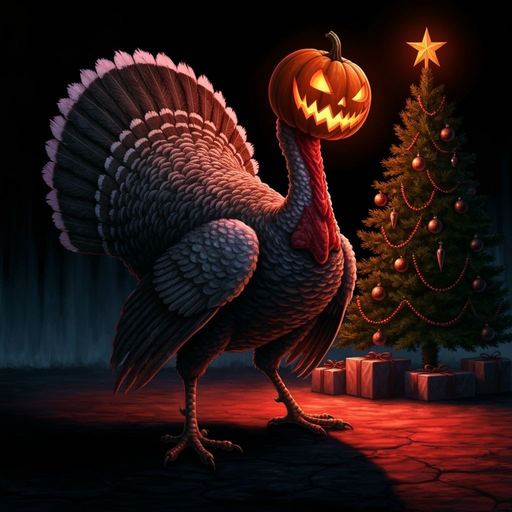 Ghoulish Turkey with Jack-o'-Lantern Head and Christmas Tree