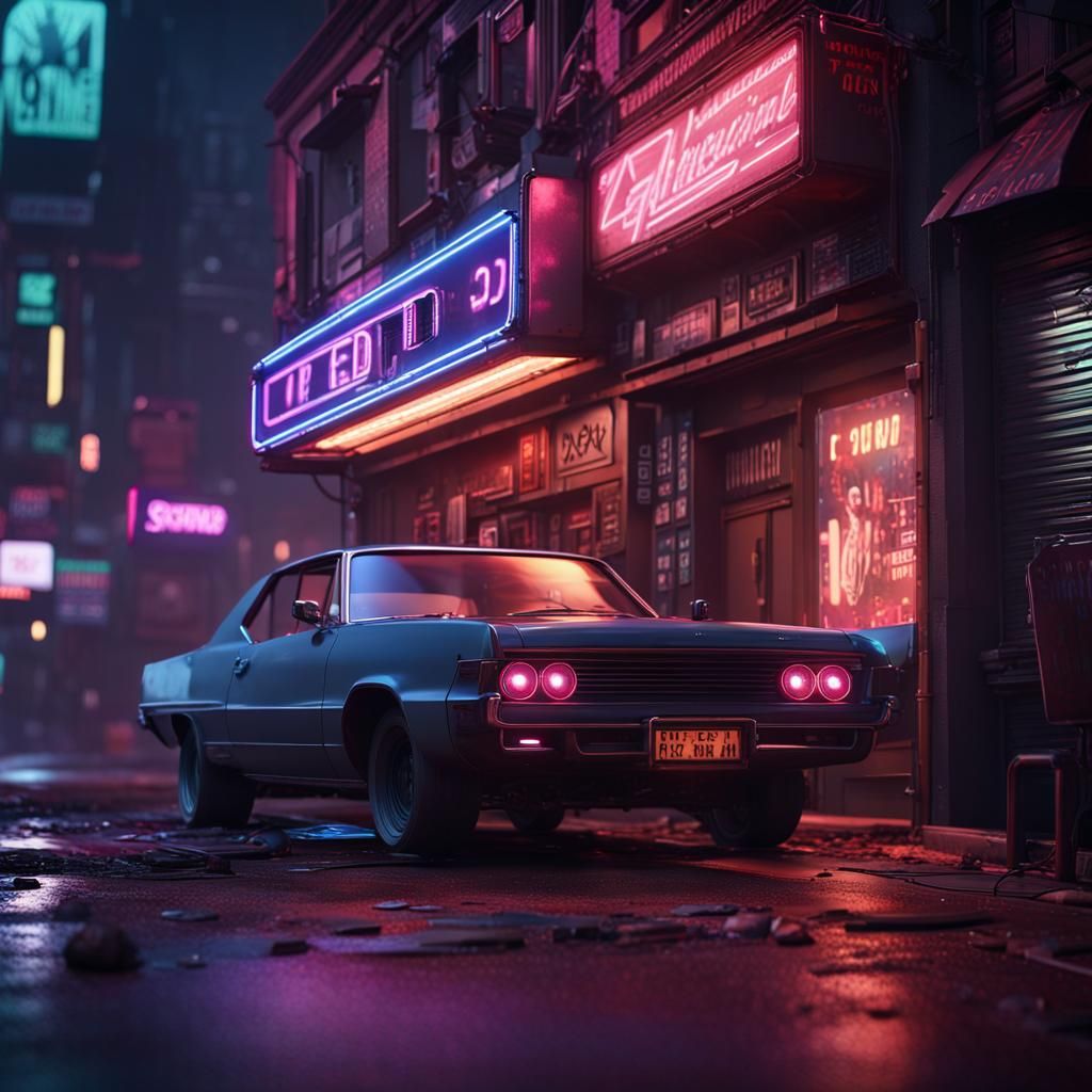 Cyberpunk Street Scene with Futuristic Car