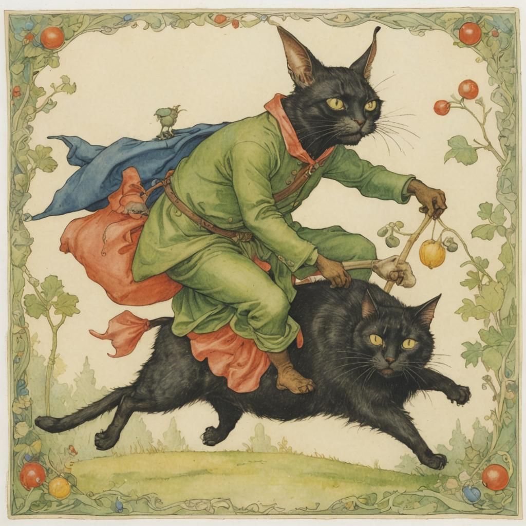 Goblin Rider on Feline Mount, Watercolor Style