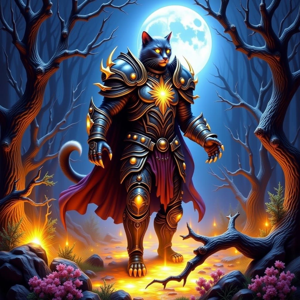 Fierce Feline Warrior in Mystical Forest