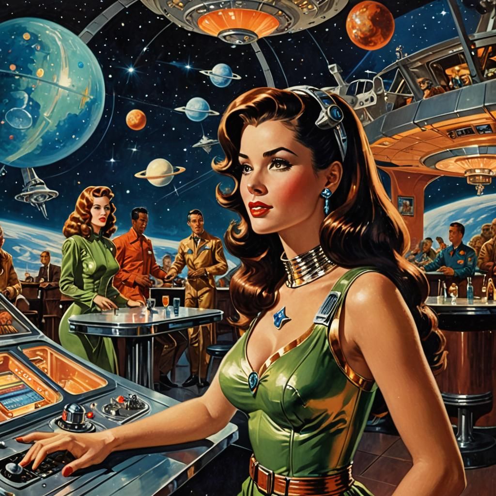 Retrofuturistic Singer in Space Station Bar