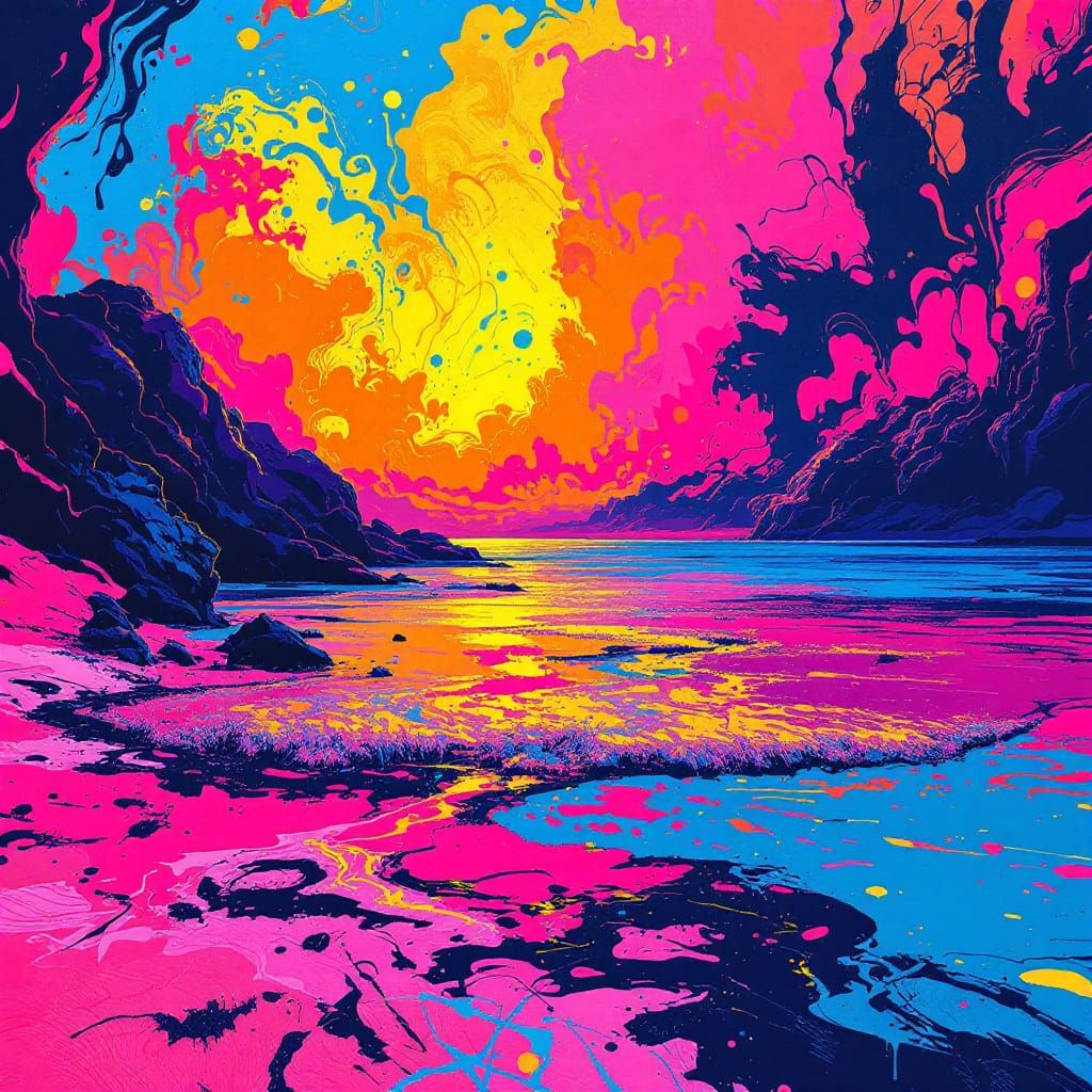 Vibrant Summer Beach Scene with Graffiti Art