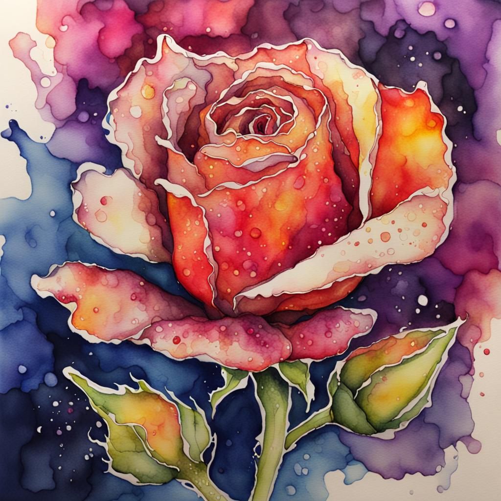 Flaming Rosebud in Watercolor and Ink