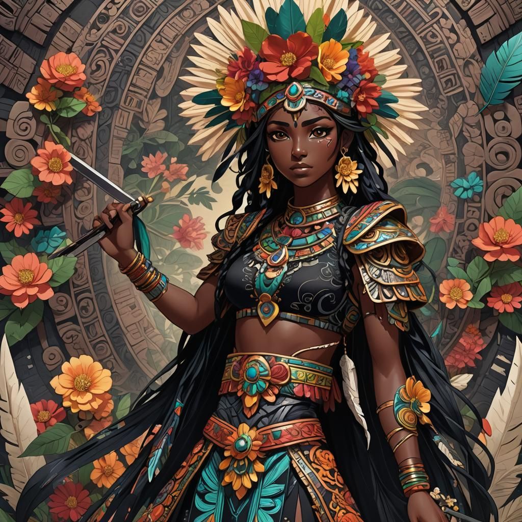 Anime Girl with Obsidian Sword in Mayan Setting