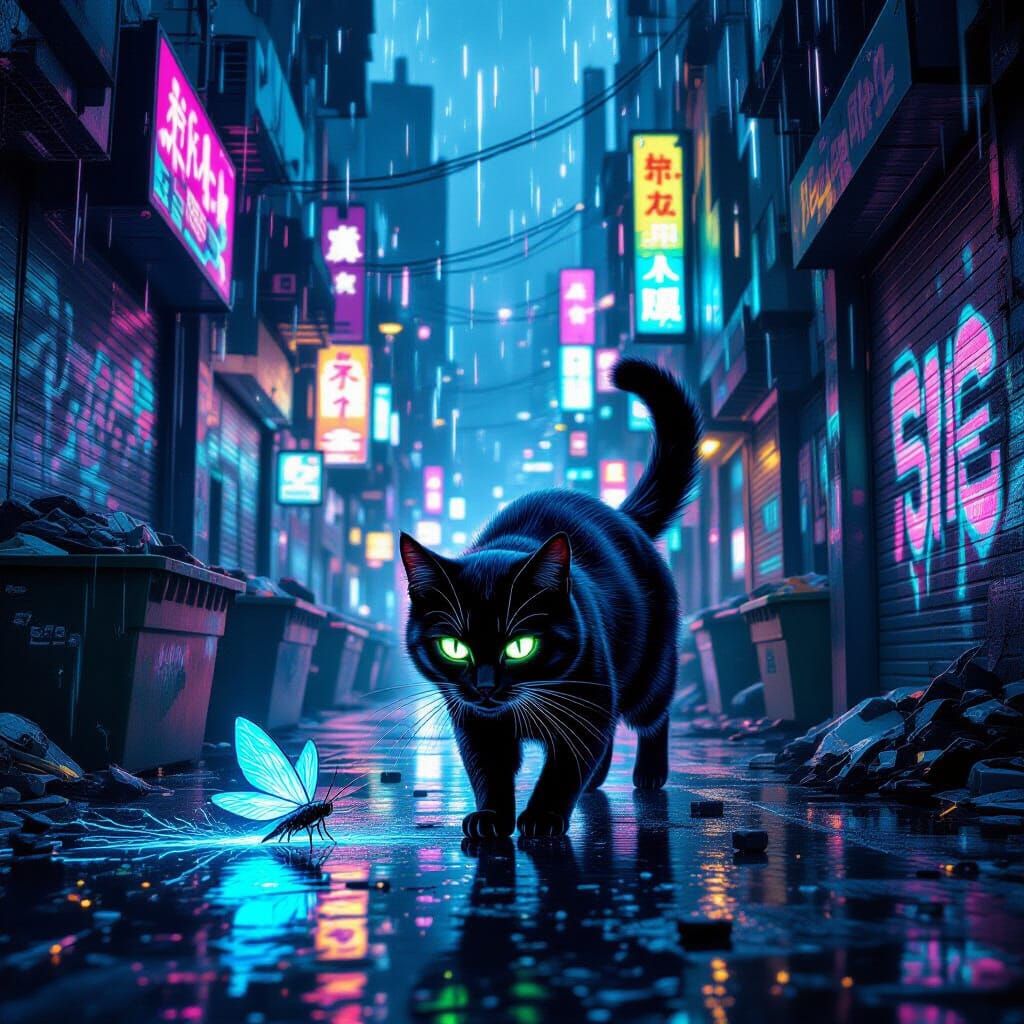 Cyberpunk Cat Hunts Data-Moth in Neon Alley