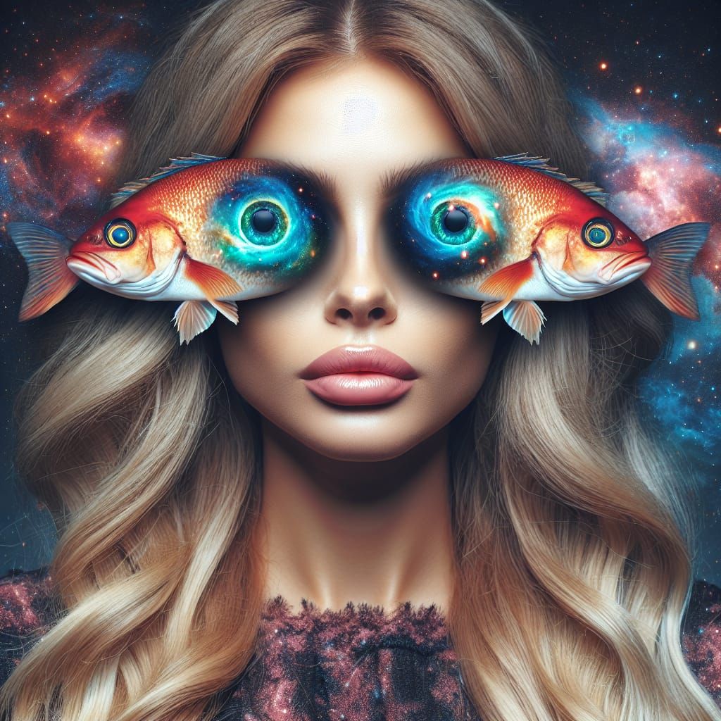 Woman with Fish Eyes and Nebula Double Exposure