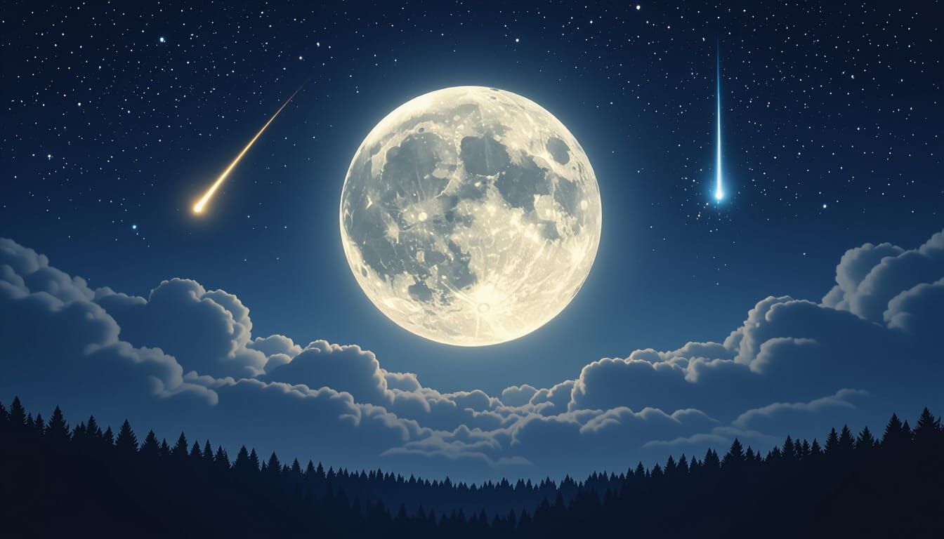 Full Moon Night Sky in Holographic Style