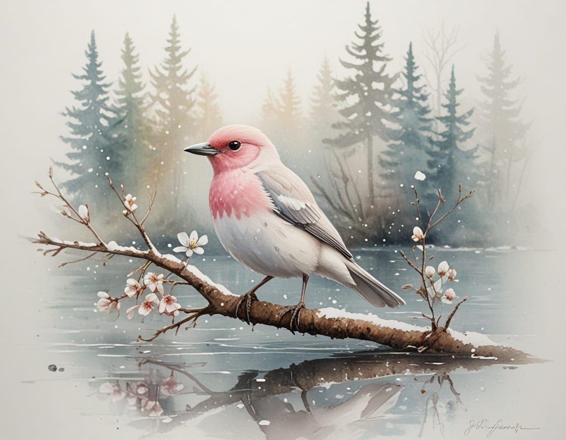 Pastel Bird on Snowy Branch Over Frozen Lake