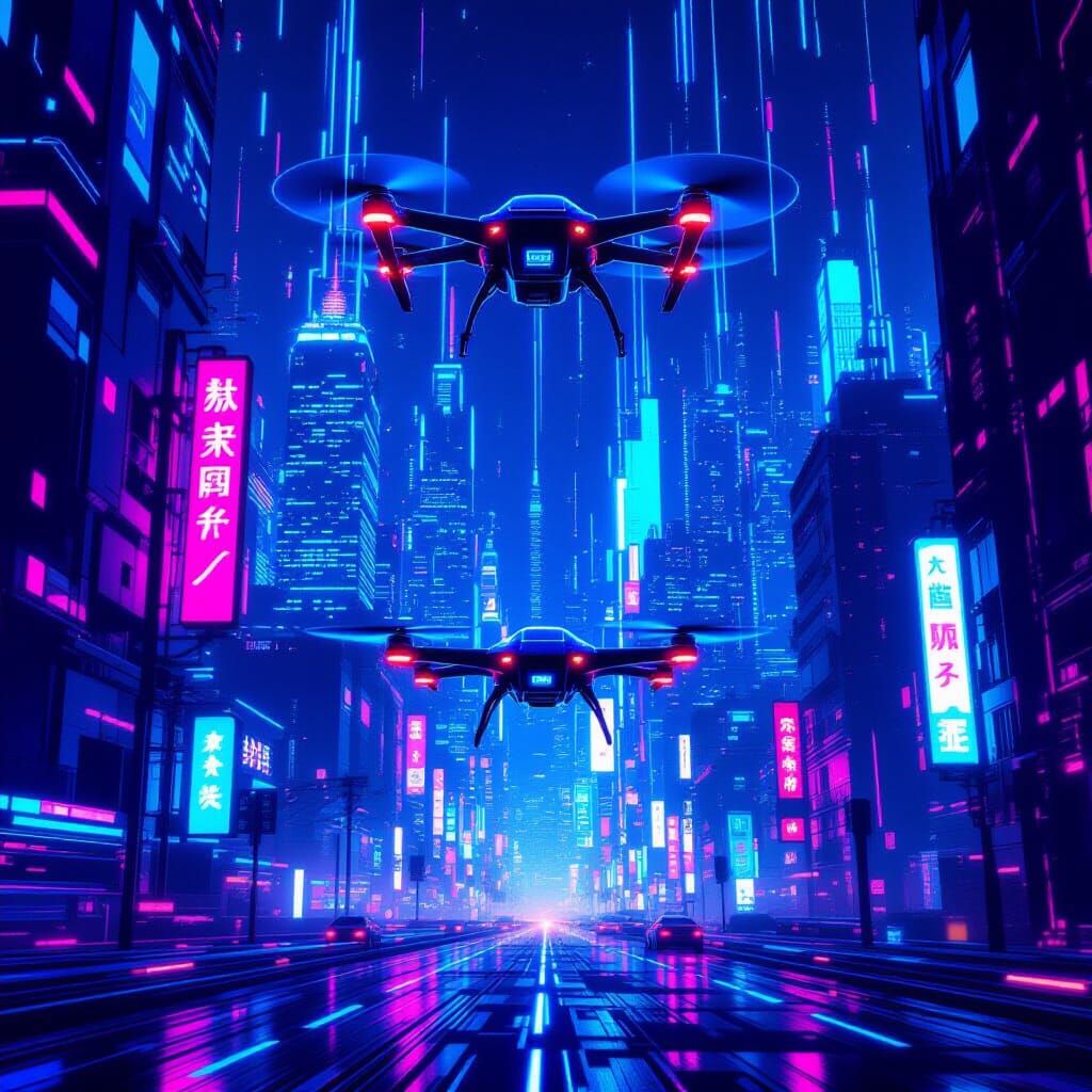 Futuristic Neon Cityscape with Drone at Night