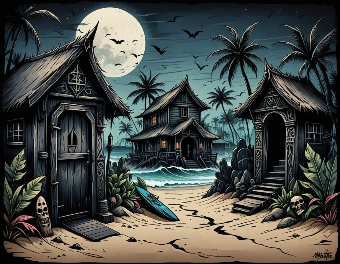 Dark Gothic Surf Hut on Haunted Beach in Eerie Tropical Horr...