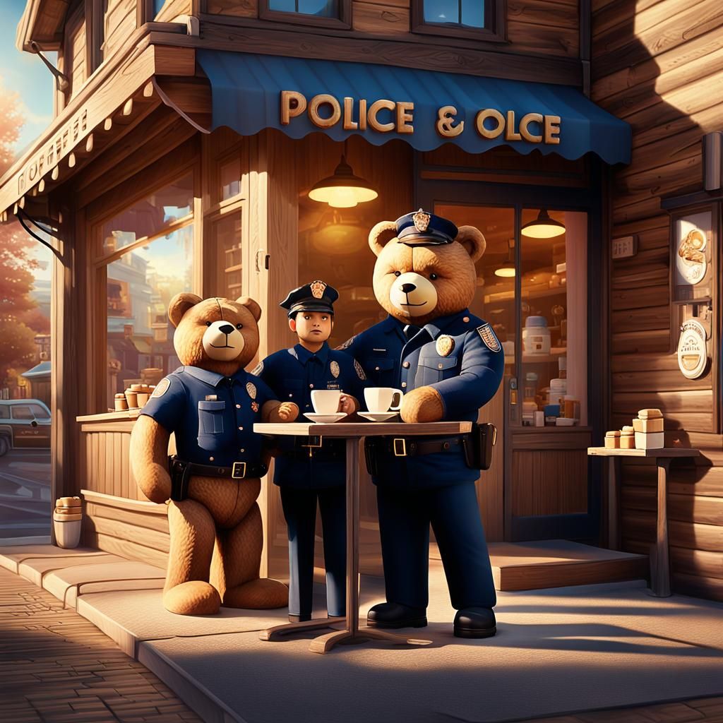 Teddy Bear Cop Enjoying Coffee, Digital Oil Painting