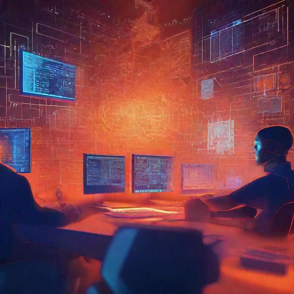 Low-Poly Hands Typing Code in Spacecraft Control Room