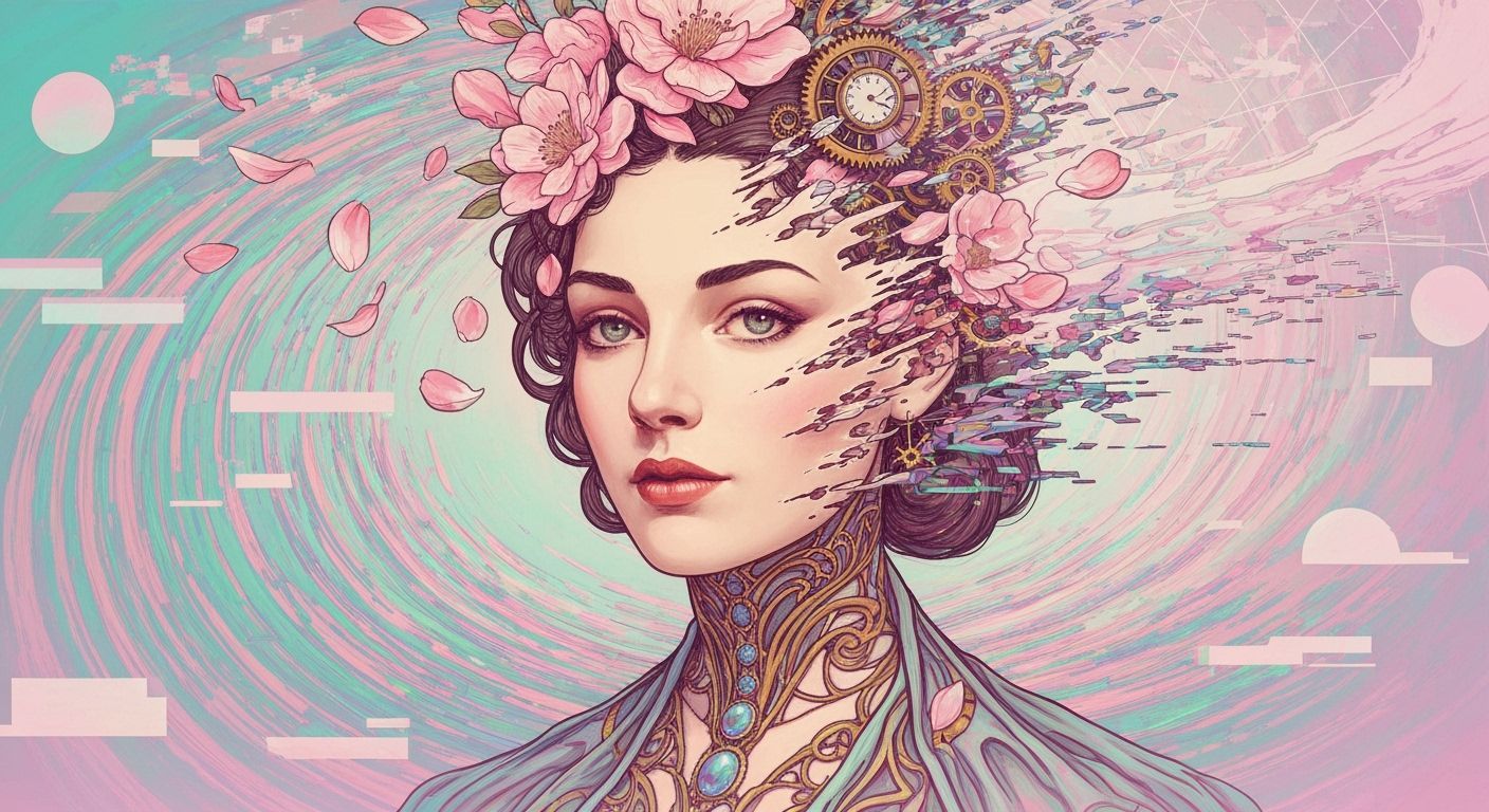 Retro-Futuristic Shamanic Priestess in Glitch Art Style