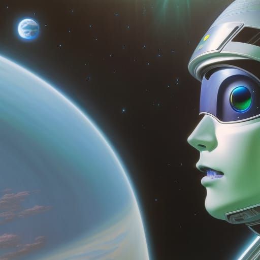 Android Gazing at Planet: Anime Sci-Fi Digital Art