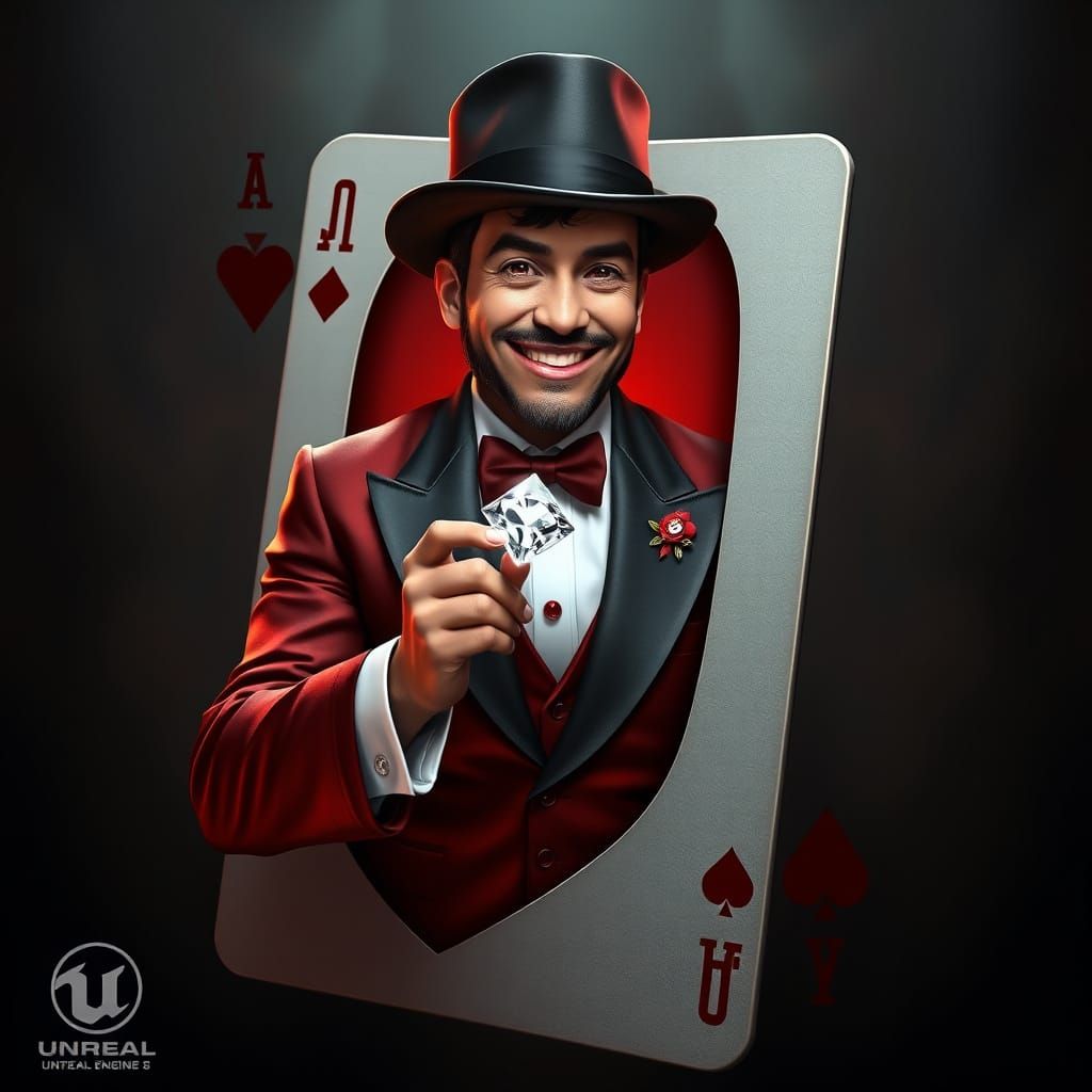 Seven of Diamonds Card With Smiling Man Emerging Holding Dia...