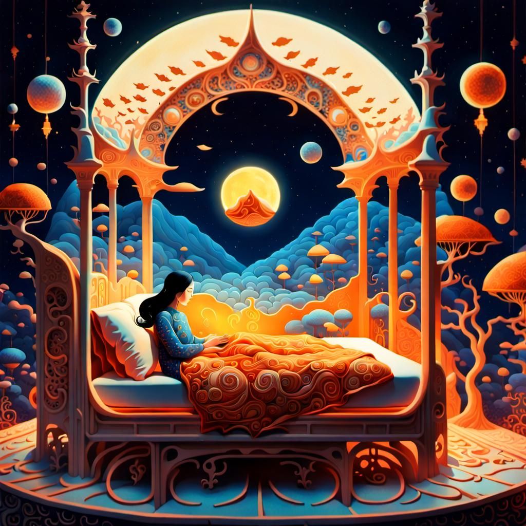 Woman in Surreal Sun and Moon Bed