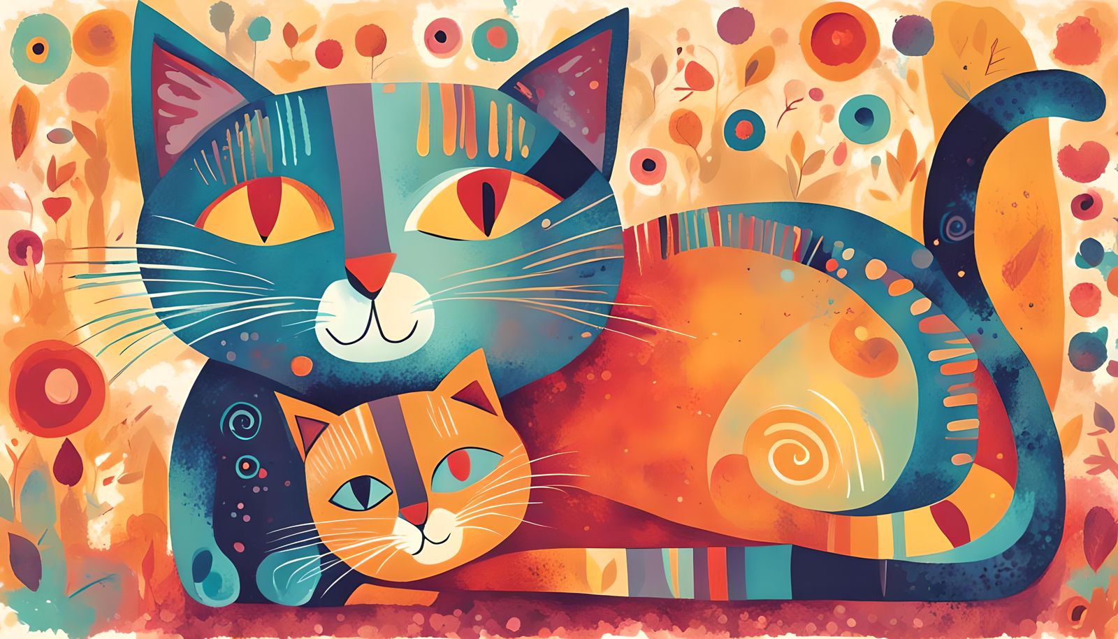 Whimsical Cats in Bright Impressionist Illustration