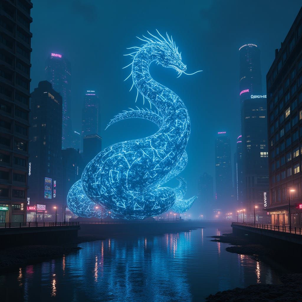 Cyberpunk Serpent Rises in Dystopian Metropolis