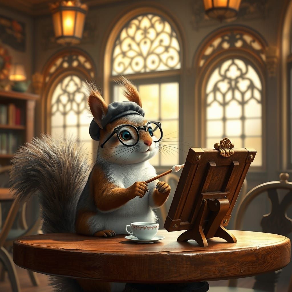French Squirrel Painter in a Whimsical Cafe Scene
