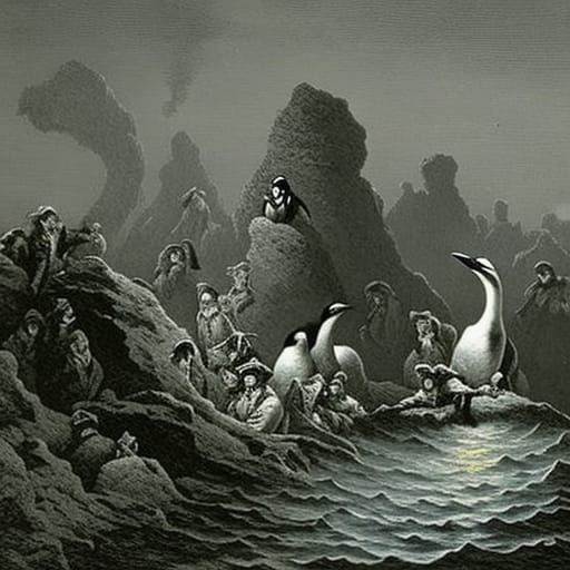 Pirate Penguins in Horror Engraving Style