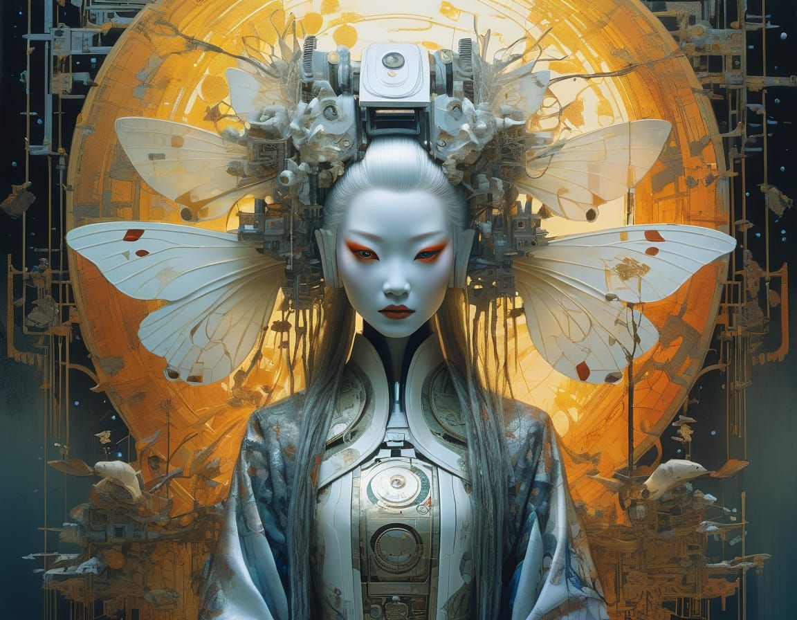 Ethereal Android Geisha in Vibrant Silver Sunset