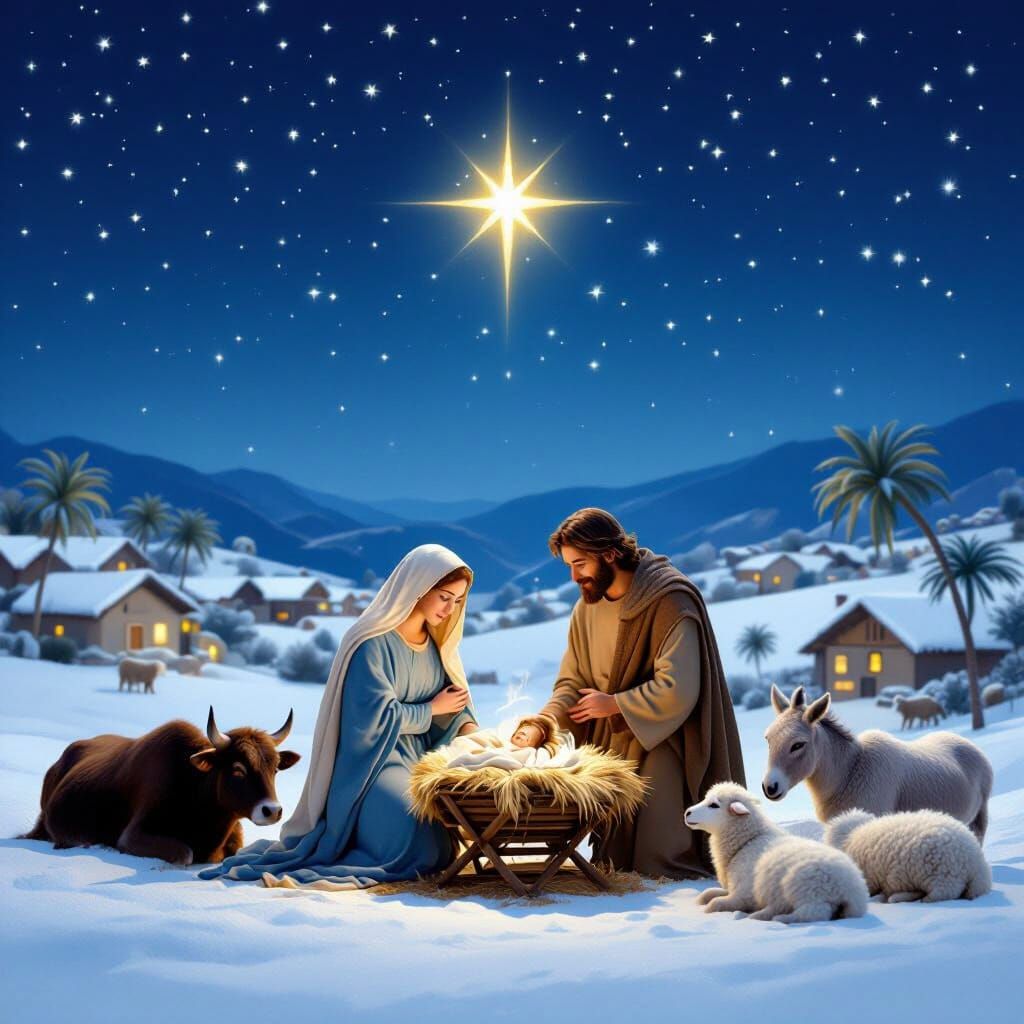 Nativity Scene: Baby Jesus in Manger Under Starry Sky