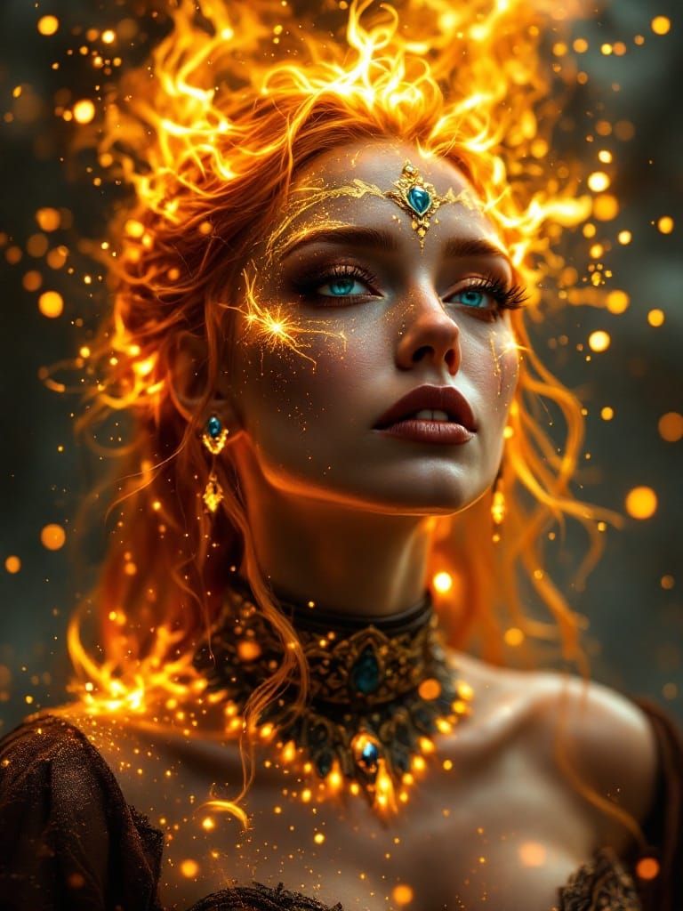 Surreal Goddess Radiates Golden Dust and Ember-Like Motes