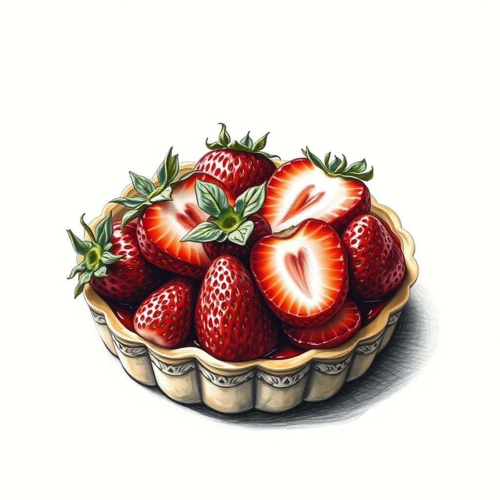 Delicate Strawberry Tart in Hyperdetailed Charcoal Art