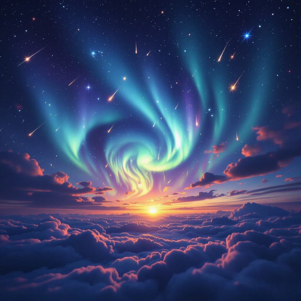Dreamy Aurora Borealis and Shooting Stars Night Sky