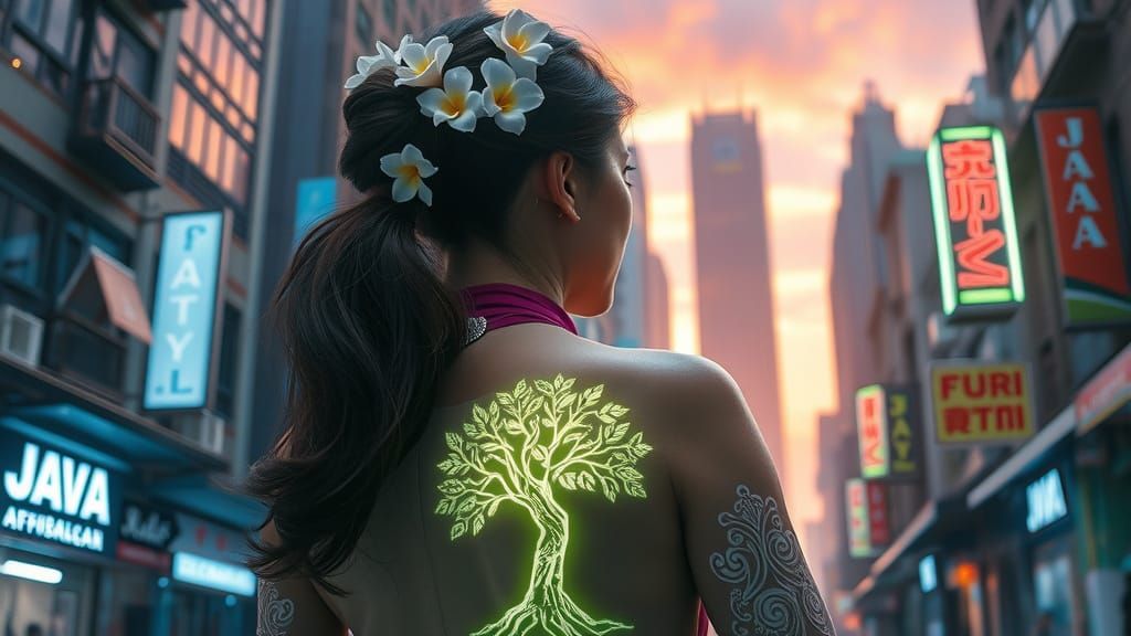 Indonesian Woman Embracing Tradition in a Futuristic Metropo...