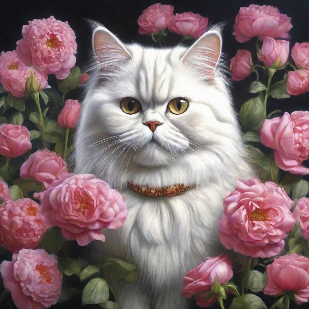 Persian Cat with Flowers in Realist Style