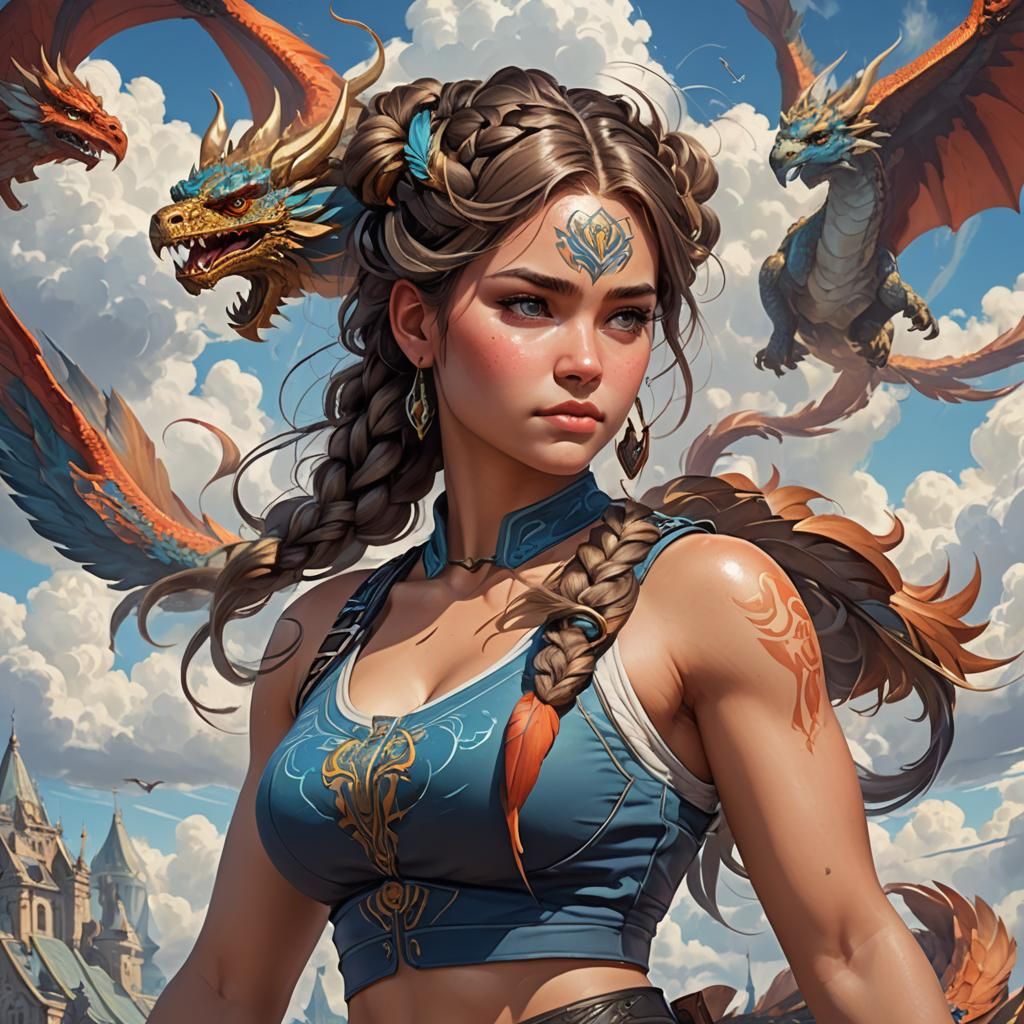 Woman Sky Surfing with Dragons, Digital Art