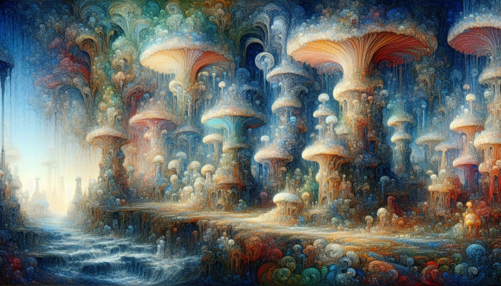Underwater Mushroom Ruins in Digital Watercolor Style