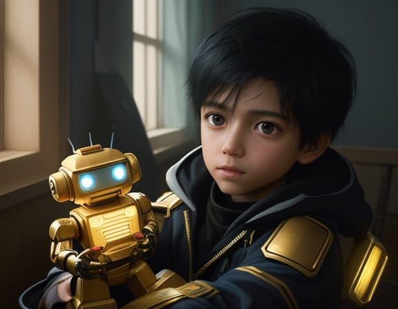 Child With Toy Robot in Golden Hour Grunge Oil Painting