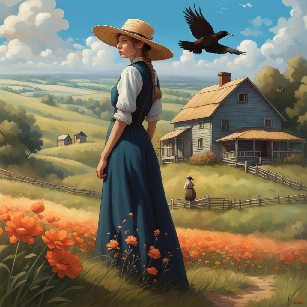 full length Amish girl in straw hat, and dark dress, standin...