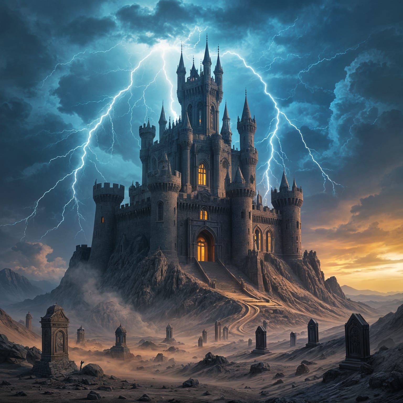 A dark macabre island castle in the sky, bolts of lightning ...
